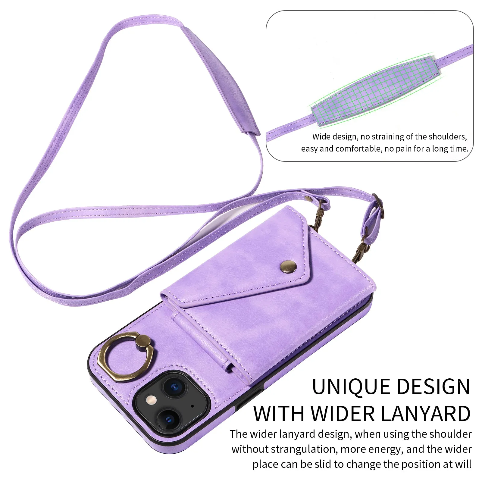 002 Anti-Drop Phone Shell for iPhone 15 Ring Kickstand Phone Case Litchi Texture PU TPU Cover with Shoulder Strap