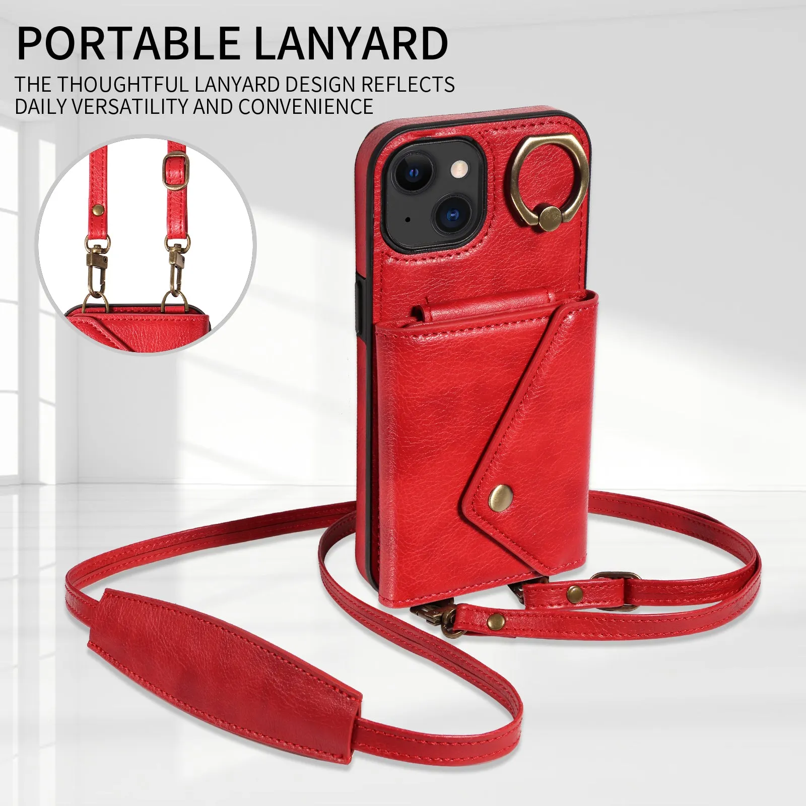 002 Anti-Drop Phone Shell for iPhone 15 Ring Kickstand Phone Case Litchi Texture PU TPU Cover with Shoulder Strap