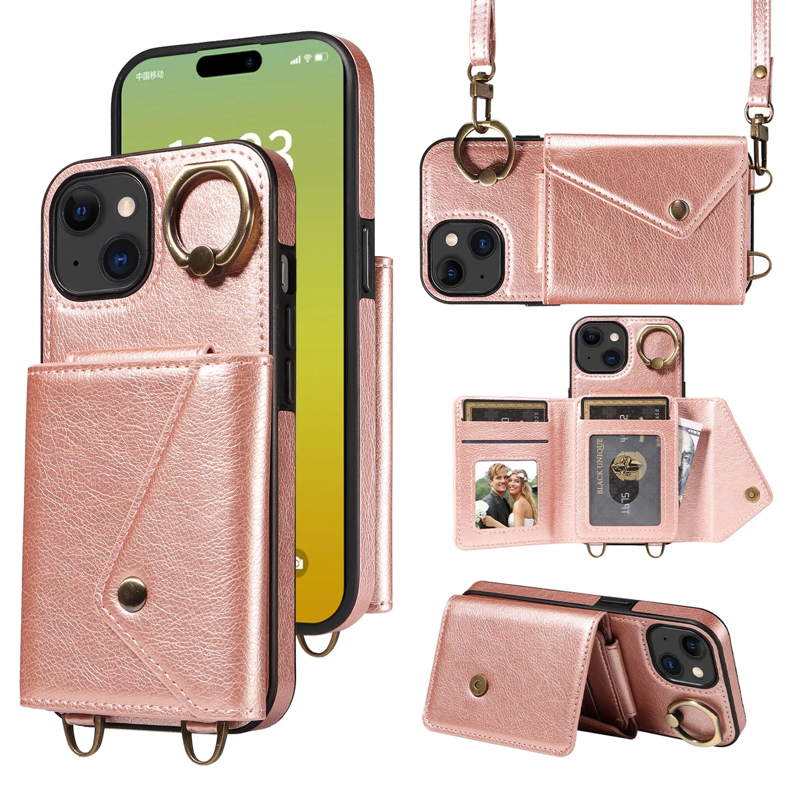 002 Anti-Drop Phone Shell for iPhone 15 Ring Kickstand Phone Case Litchi Texture PU TPU Cover with Shoulder Strap