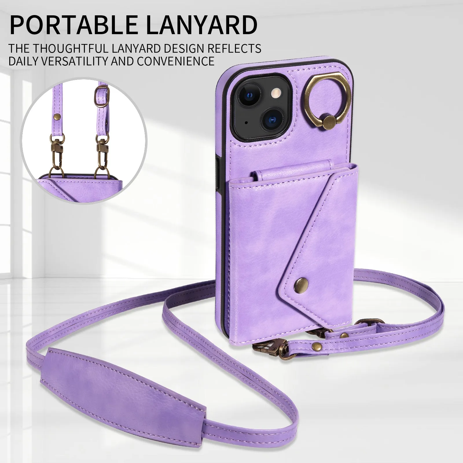 002 Anti-Drop Phone Shell for iPhone 15 Ring Kickstand Phone Case Litchi Texture PU TPU Cover with Shoulder Strap