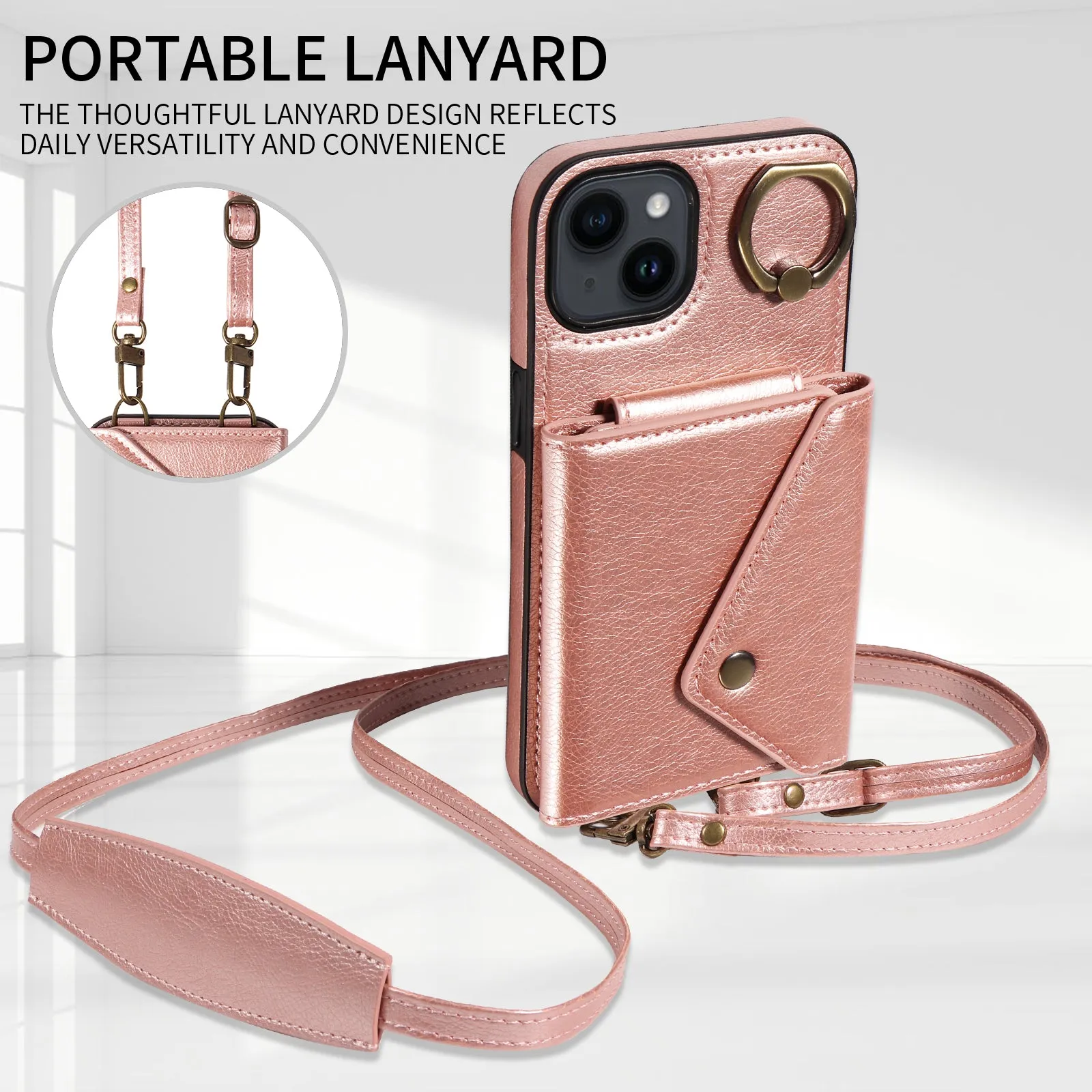 002 For iPhone 14 / 13 Ring Kickstand Cellphone Cover Litchi Texture Leather TPU Card Bag Phone Case with Shoulder Strap