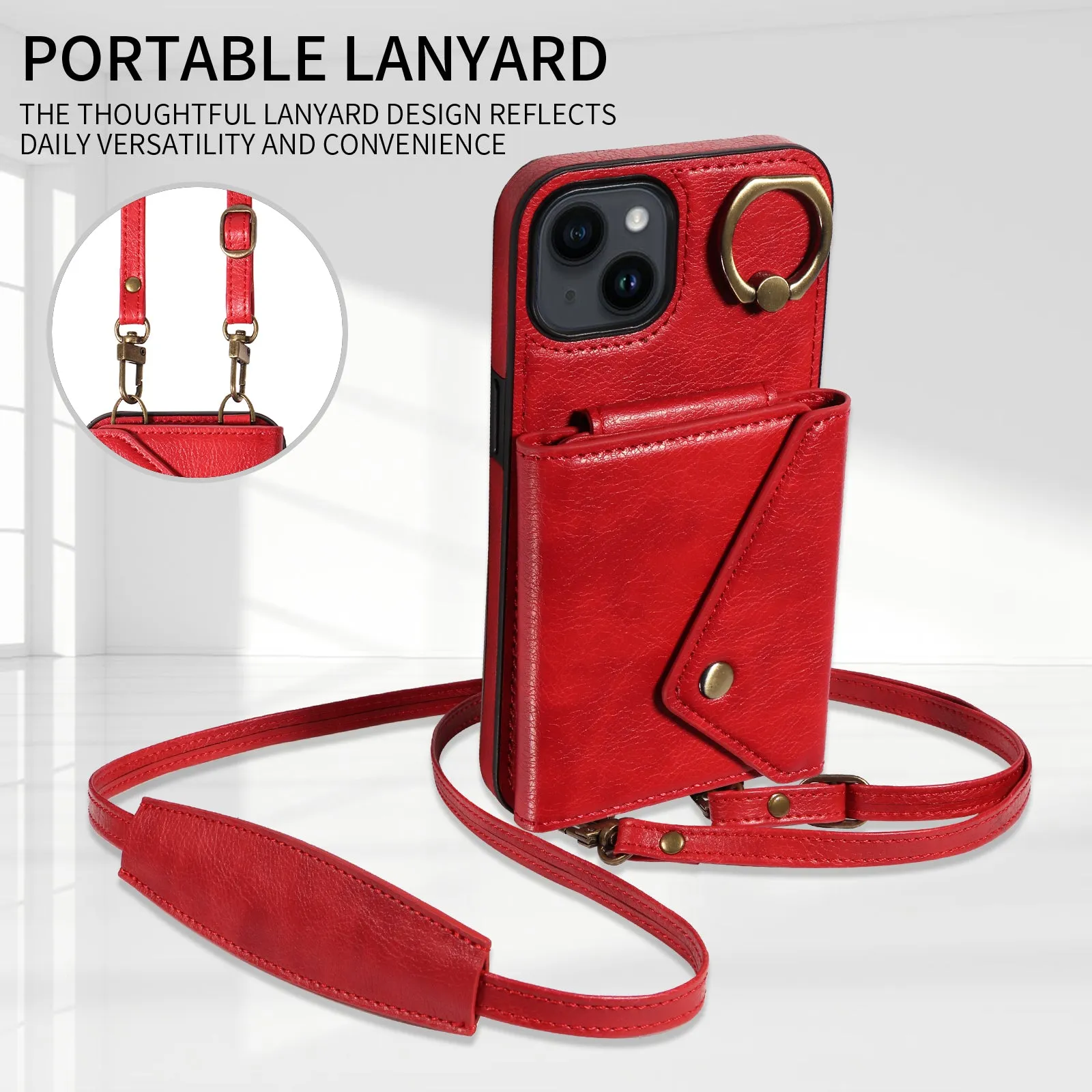 002 For iPhone 14 / 13 Ring Kickstand Cellphone Cover Litchi Texture Leather TPU Card Bag Phone Case with Shoulder Strap