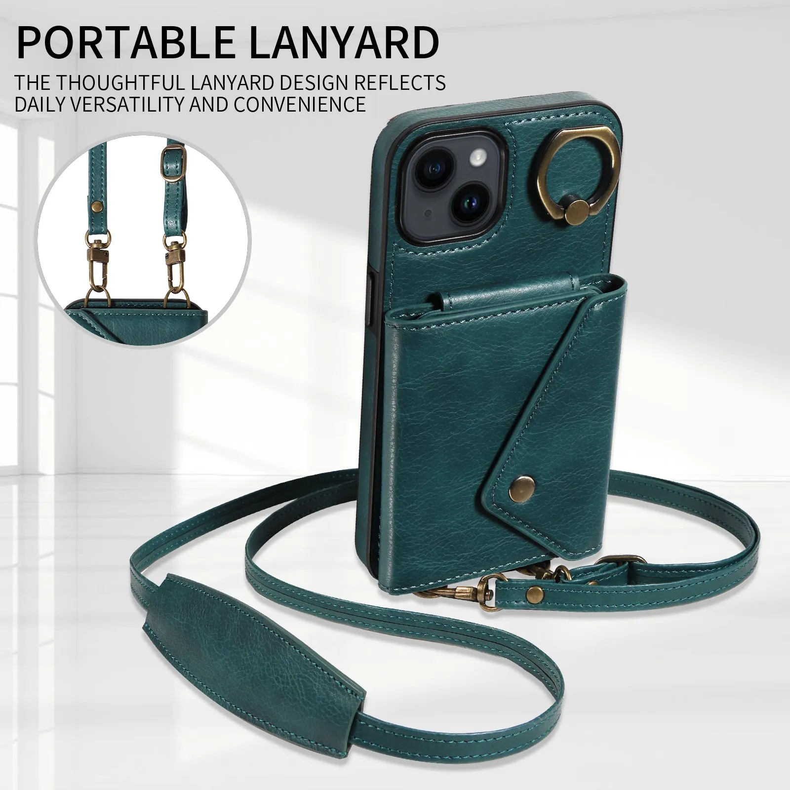 002 For iPhone 14 / 13 Ring Kickstand Cellphone Cover Litchi Texture Leather TPU Card Bag Phone Case with Shoulder Strap