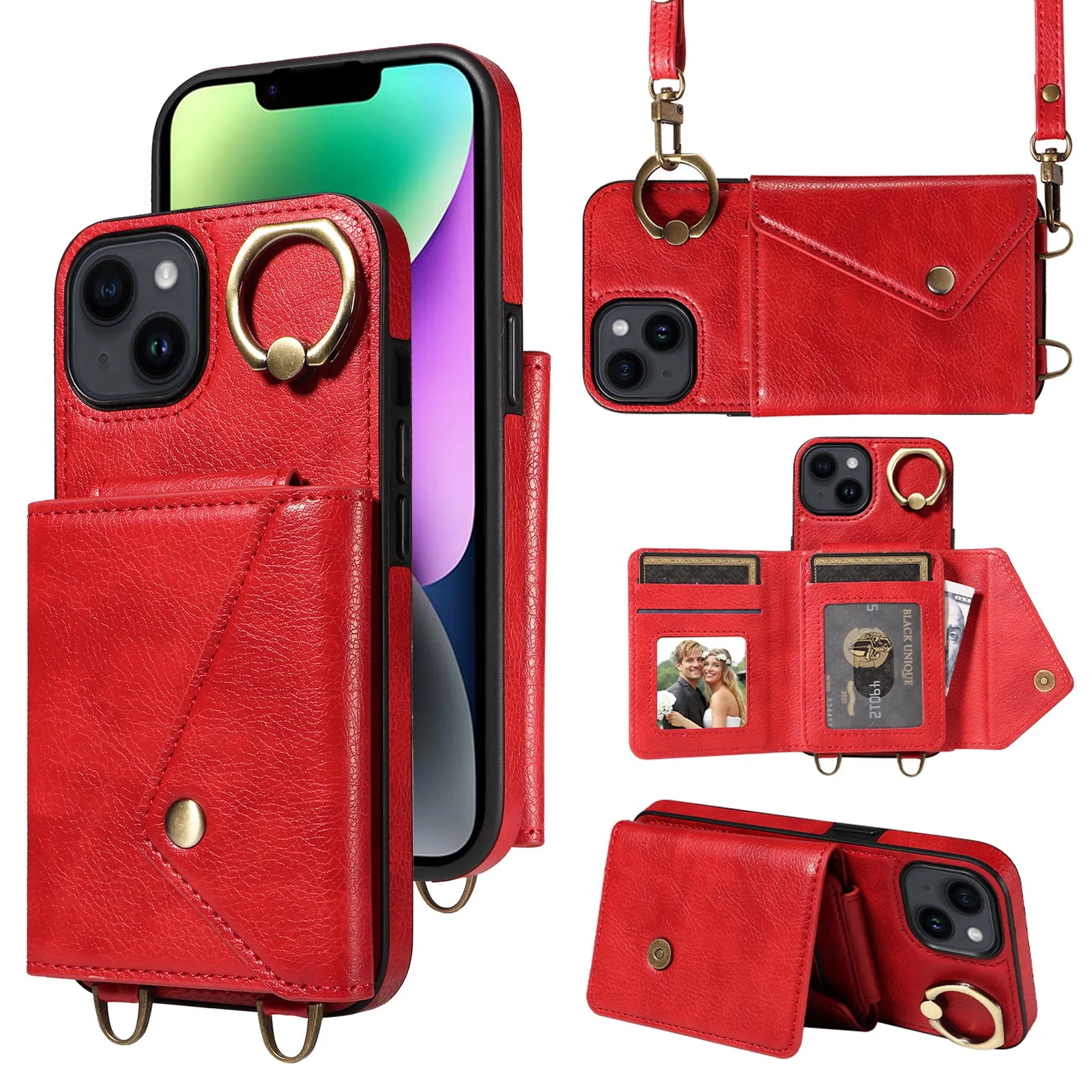 002 For iPhone 14 / 13 Ring Kickstand Cellphone Cover Litchi Texture Leather TPU Card Bag Phone Case with Shoulder Strap