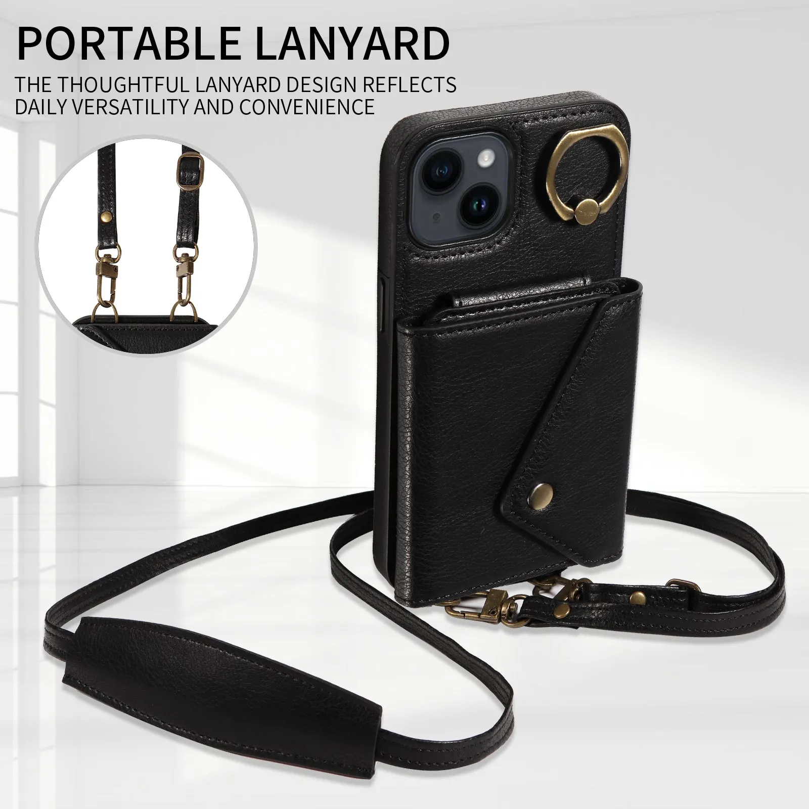 002 For iPhone 14 / 13 Ring Kickstand Cellphone Cover Litchi Texture Leather TPU Card Bag Phone Case with Shoulder Strap