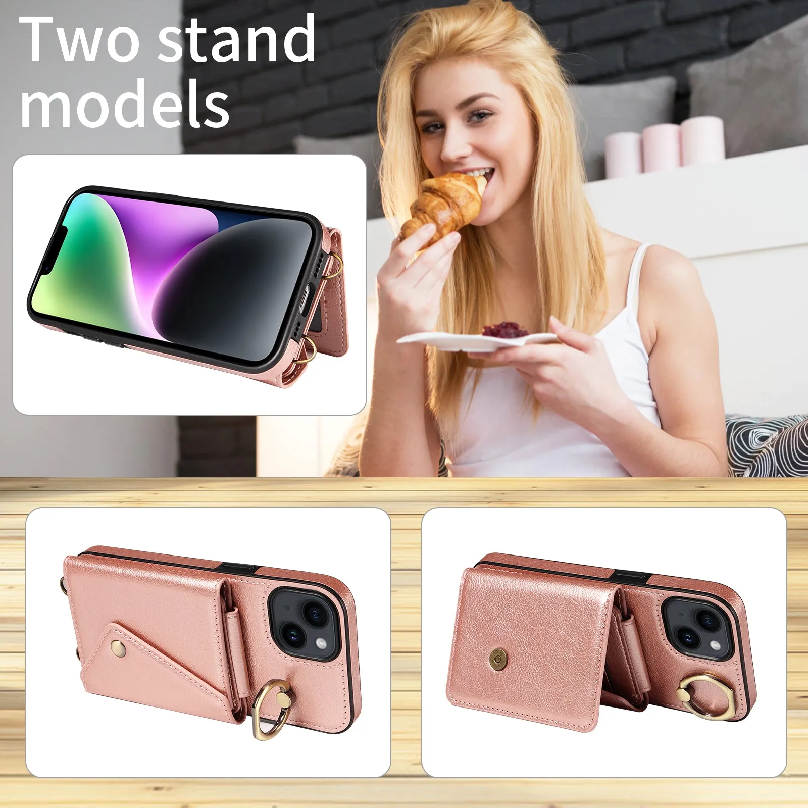 002 For iPhone 14 / 13 Ring Kickstand Cellphone Cover Litchi Texture Leather TPU Card Bag Phone Case with Shoulder Strap