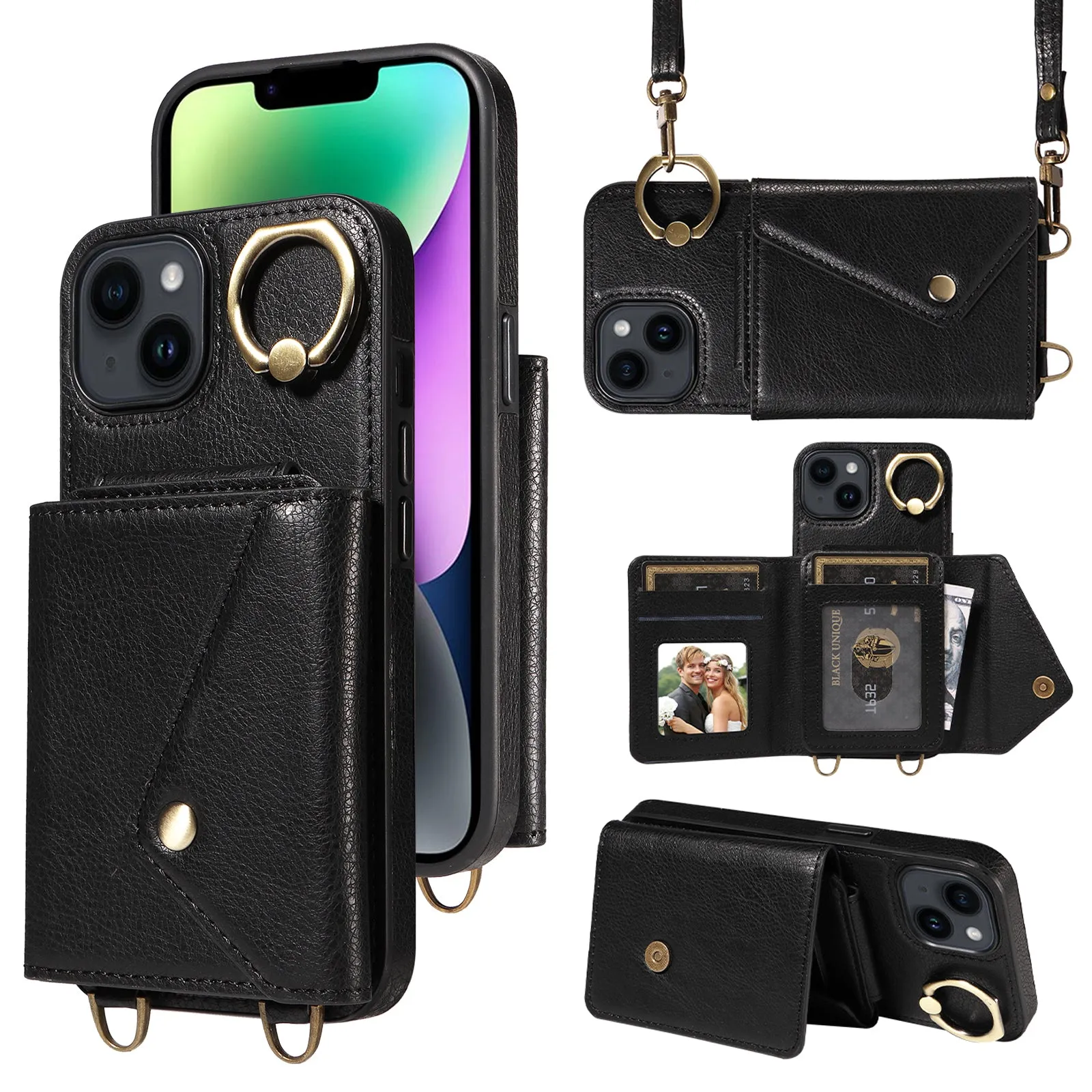 002 For iPhone 14 / 13 Ring Kickstand Cellphone Cover Litchi Texture Leather TPU Card Bag Phone Case with Shoulder Strap