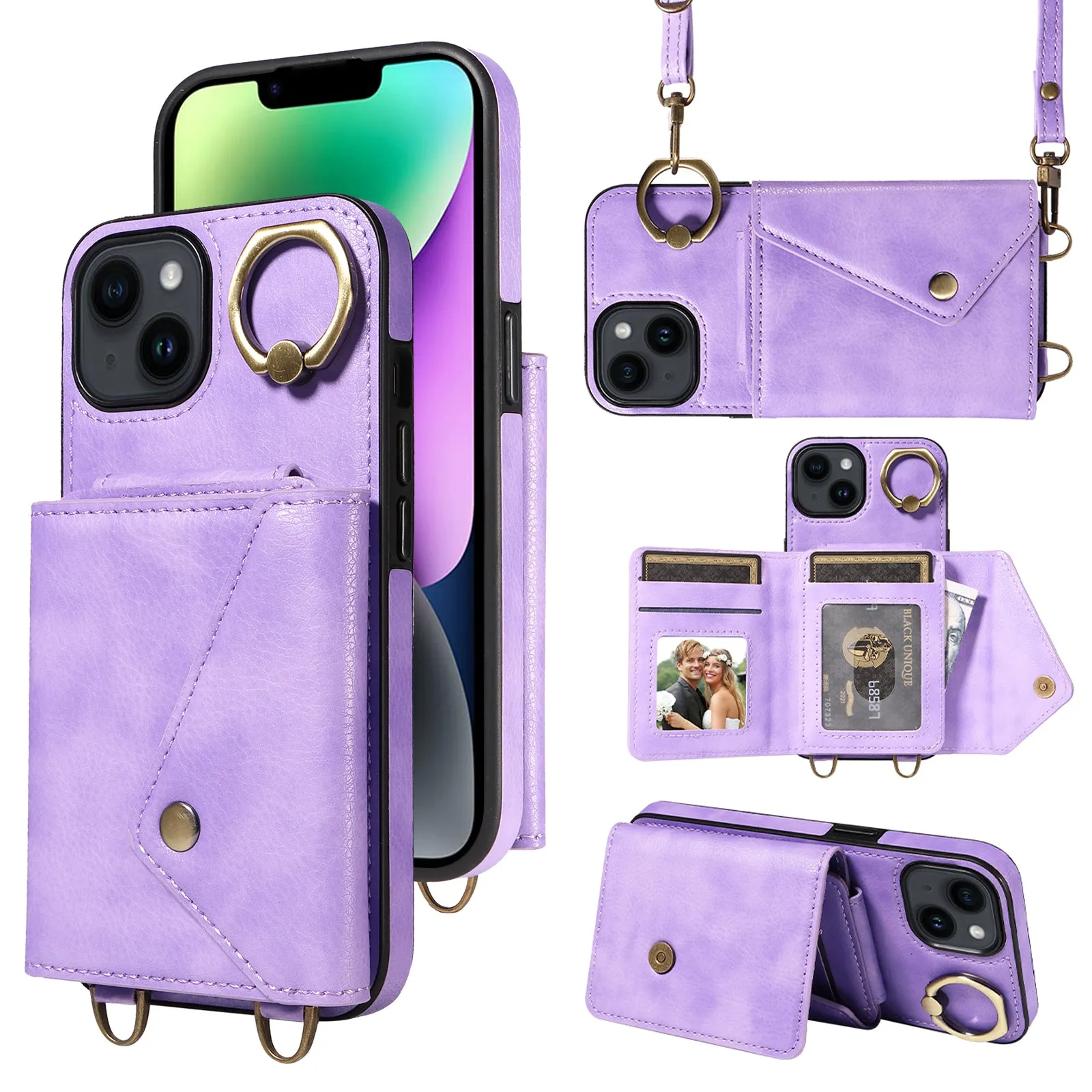 002 For iPhone 14 / 13 Ring Kickstand Cellphone Cover Litchi Texture Leather TPU Card Bag Phone Case with Shoulder Strap