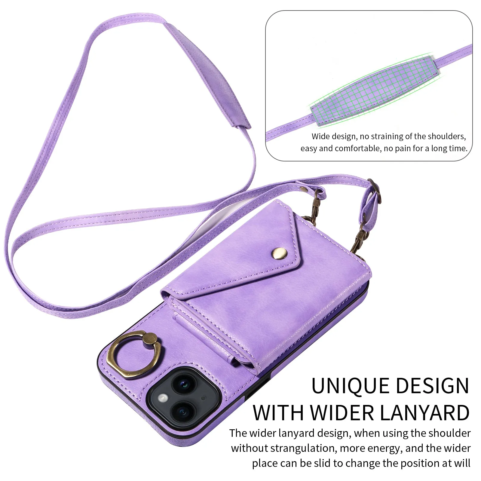 002 For iPhone 14 / 13 Ring Kickstand Cellphone Cover Litchi Texture Leather TPU Card Bag Phone Case with Shoulder Strap