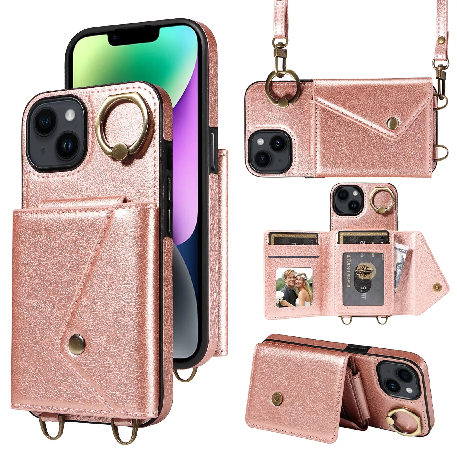 002 For iPhone 14 / 13 Ring Kickstand Cellphone Cover Litchi Texture Leather TPU Card Bag Phone Case with Shoulder Strap