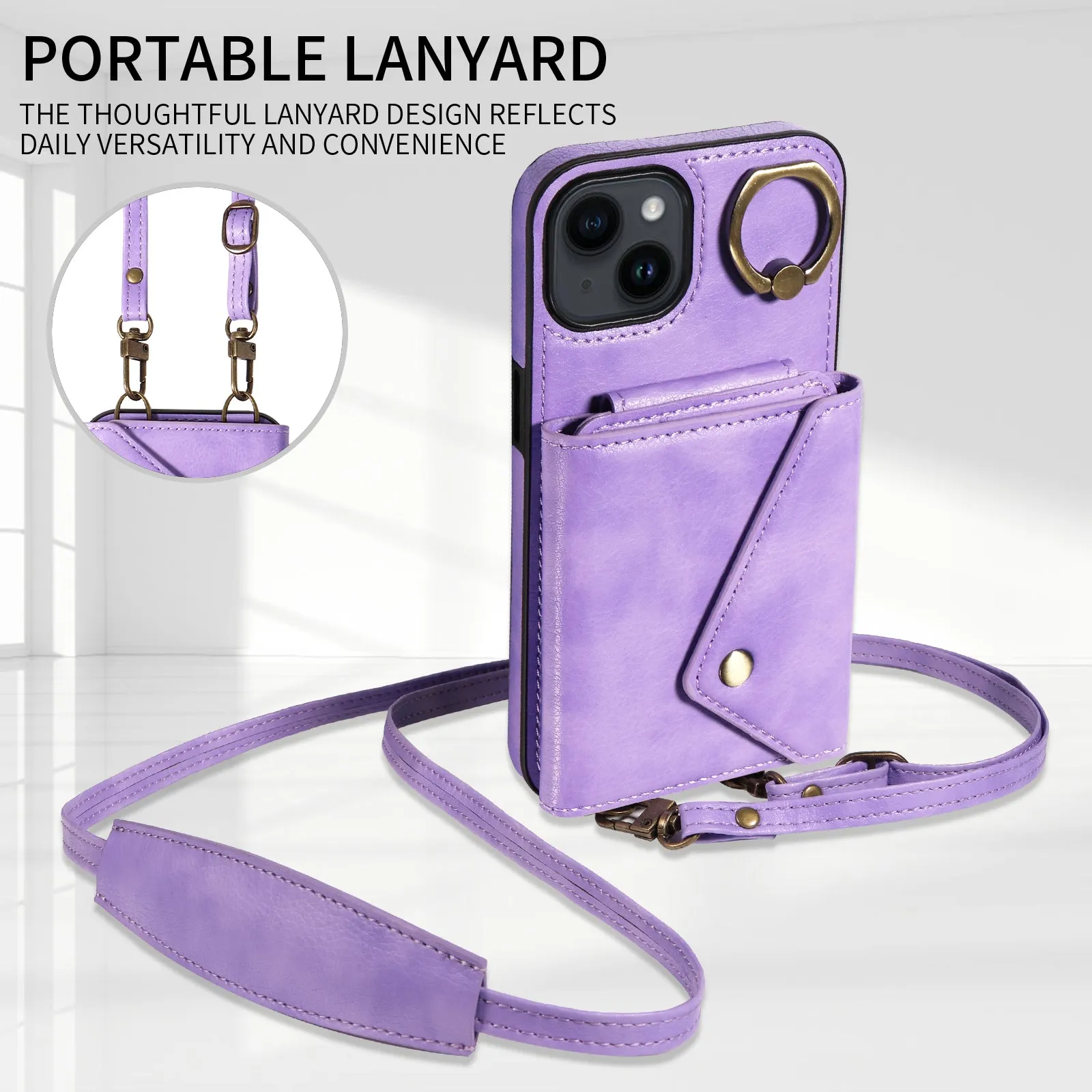 002 For iPhone 14 / 13 Ring Kickstand Cellphone Cover Litchi Texture Leather TPU Card Bag Phone Case with Shoulder Strap