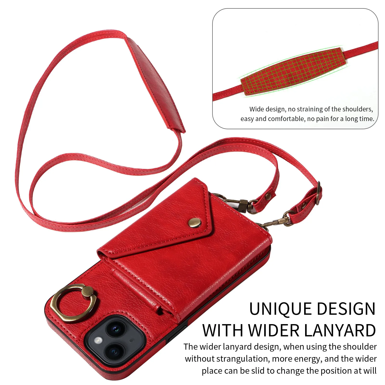 002 For iPhone 14 / 13 Ring Kickstand Cellphone Cover Litchi Texture Leather TPU Card Bag Phone Case with Shoulder Strap