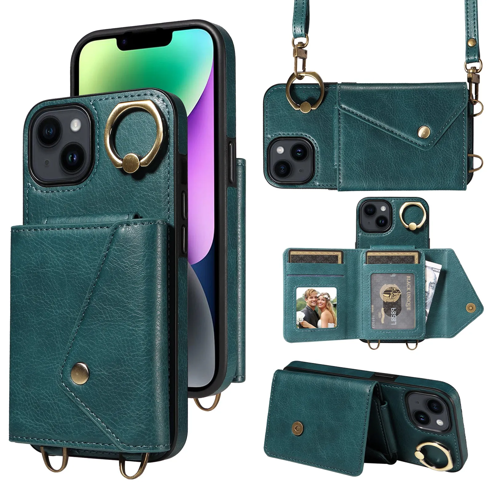 002 For iPhone 14 / 13 Ring Kickstand Cellphone Cover Litchi Texture Leather TPU Card Bag Phone Case with Shoulder Strap