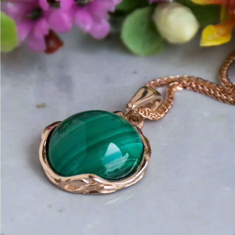 14K Rose Gold Round Green Malachite 12mm Pendant