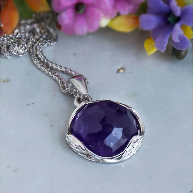 14K White Gold Round Purple Amethyst 12mm Pendant