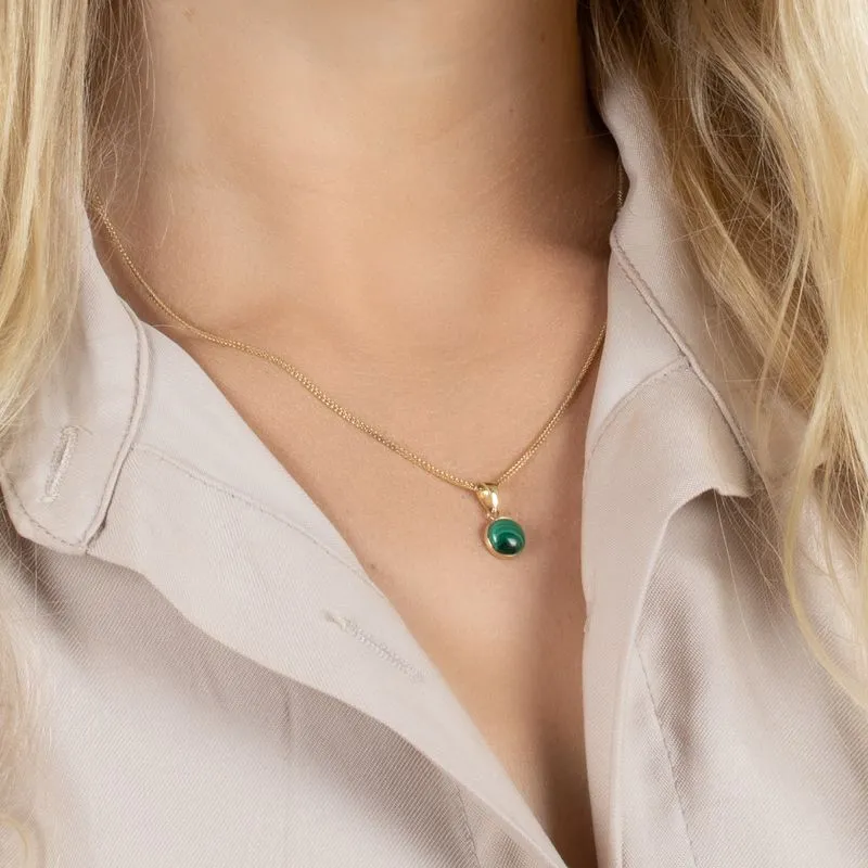 14K Yellow Gold Round Green Malachite 12mm Pendant