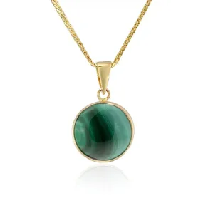 14K Yellow Gold Round Green Malachite 12mm Pendant