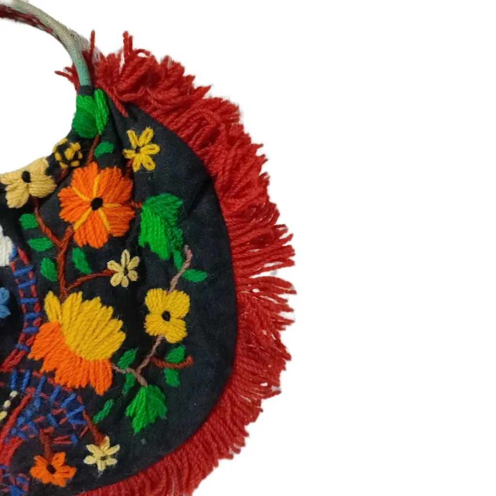 1930s Handmade Crewel Work Folk Embroidered Round Bag