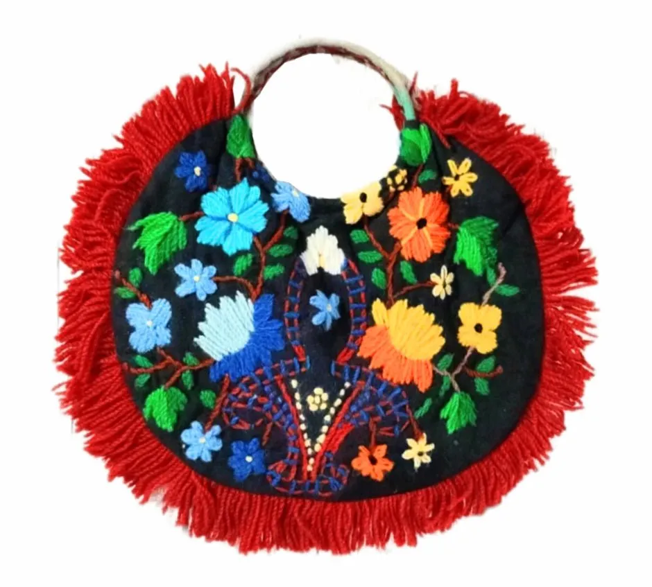 1930s Handmade Crewel Work Folk Embroidered Round Bag