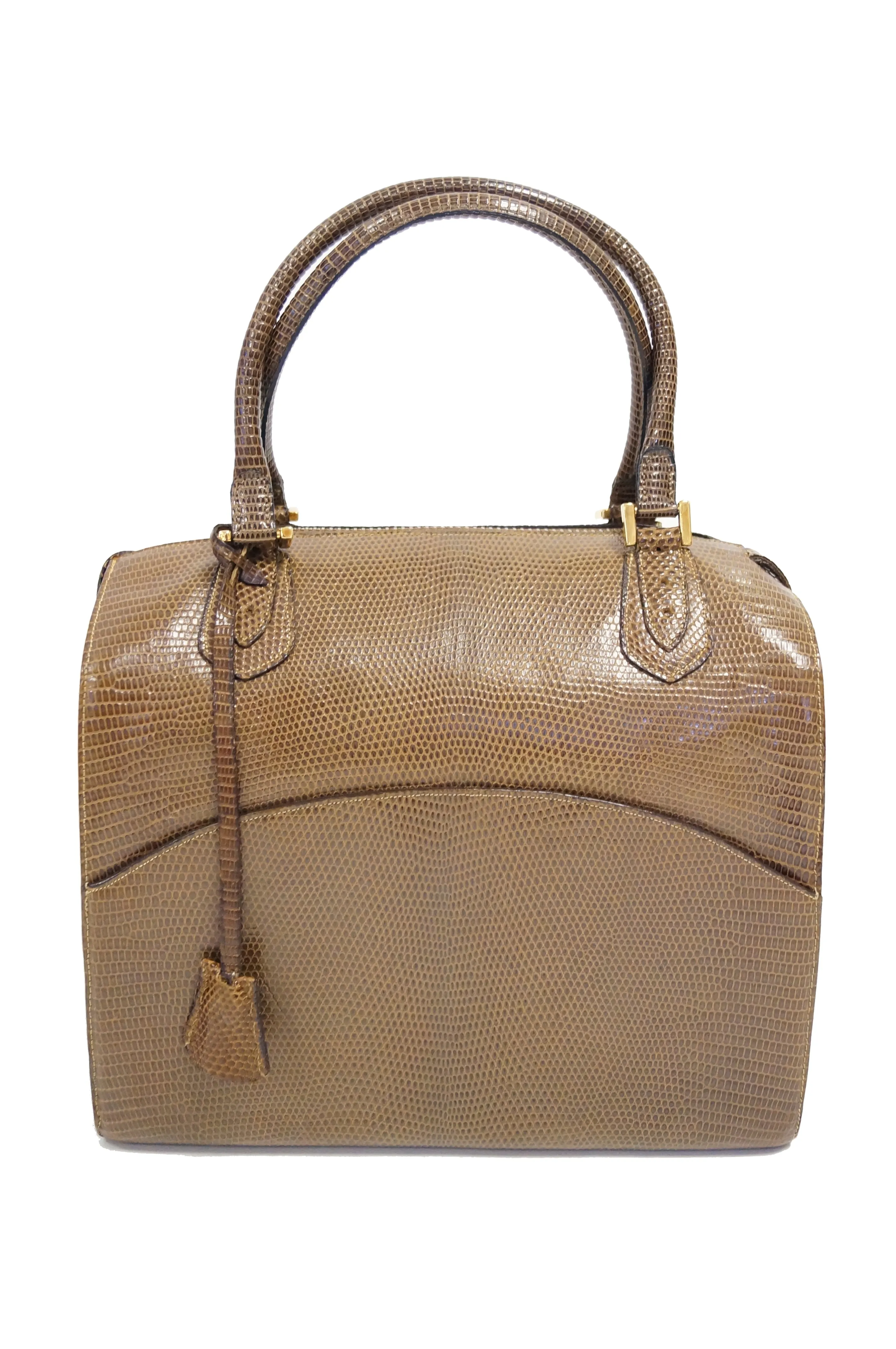 1960s Martin Van Schaak Custom Brown Java Lizard Skin Handbag Box Bag