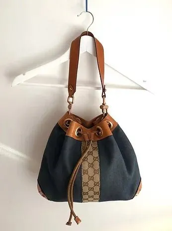 1990s GUCCI DENIM LEATHER BUCKET BAG