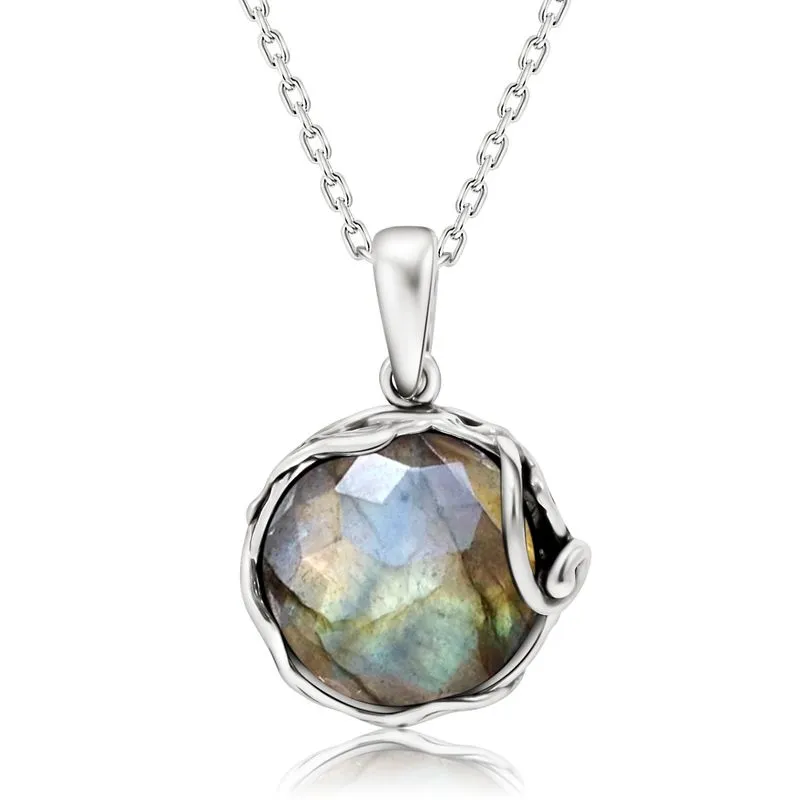 925 Sterling Silver Round Brown Labradorite 14mm Pendant