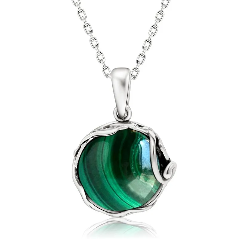 925 Sterling Silver Round Green Malachite 14mm Pendant