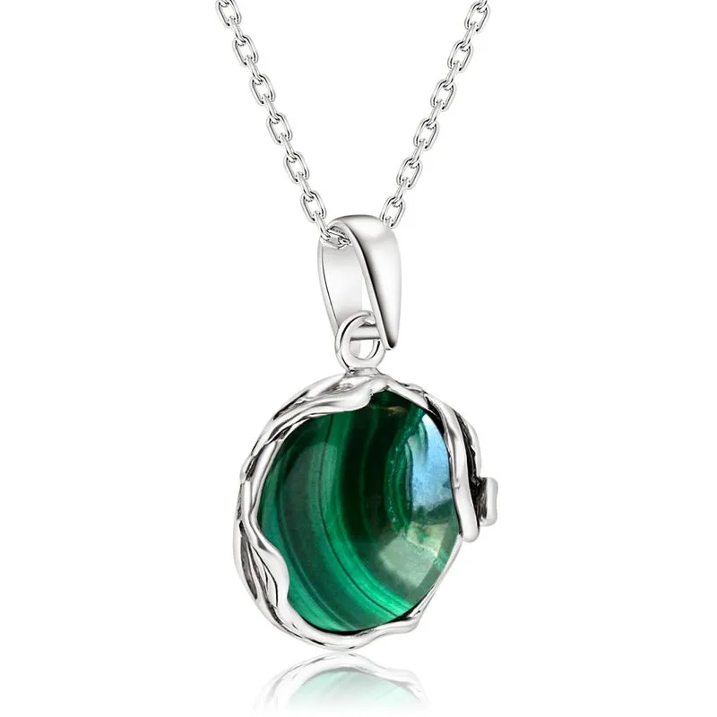 925 Sterling Silver Round Green Malachite 14mm Pendant