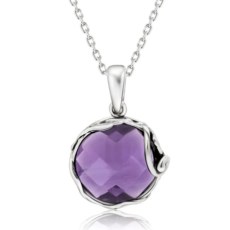 925 Sterling Silver Round Purple Amethyst 14mm Pendant