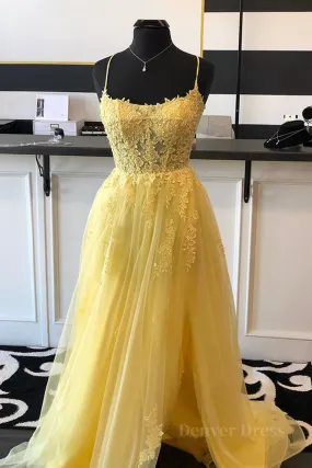 A Line Backless Yellow Lace Floral Long Prom Dress with High Slit Open Back Yellow Lace Formal Dress Yellow Lace Evening Dress