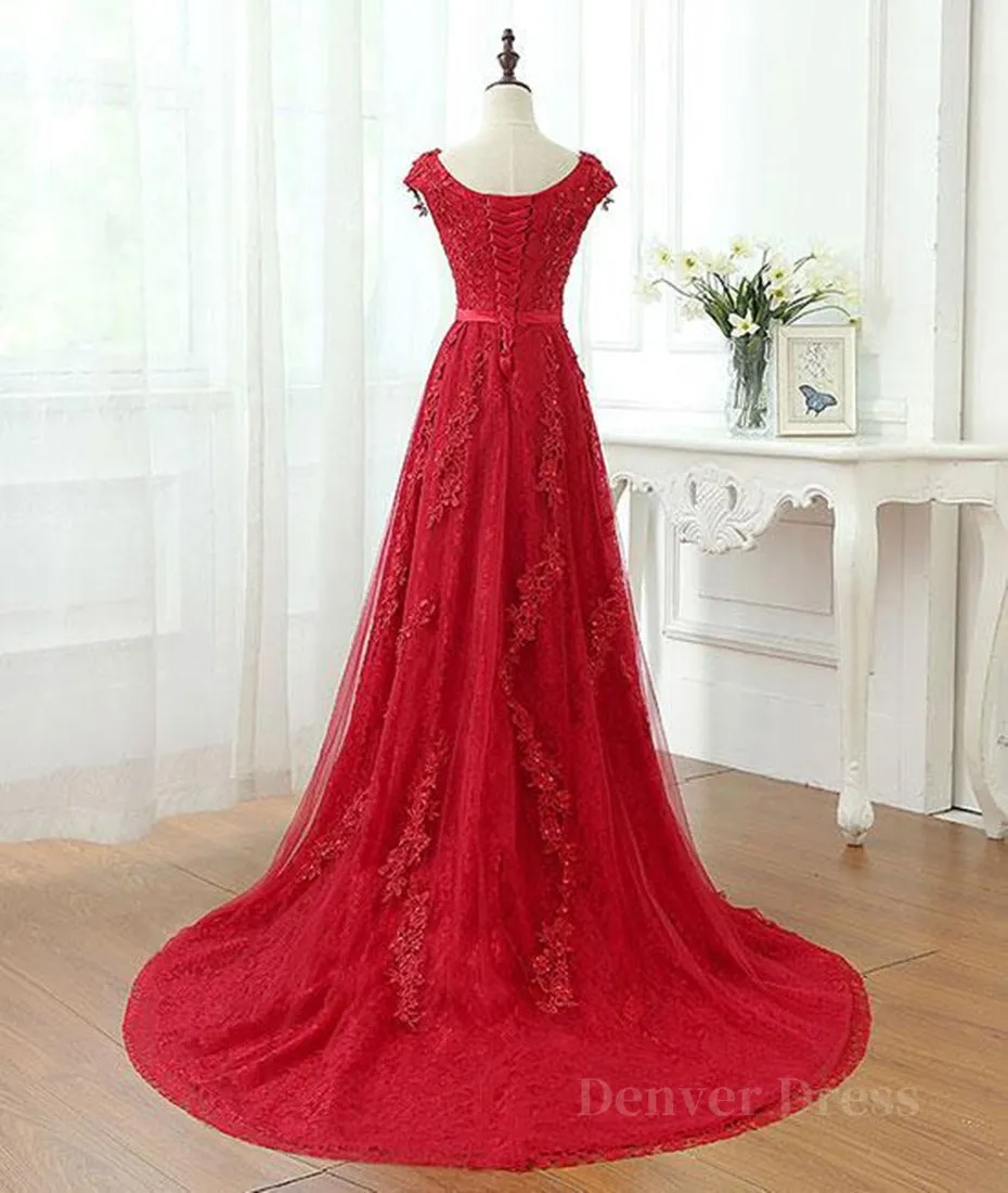 A Line Cap Sleeves Burgundy Lace Long Prom Dress with Appliques Burgundy Formal Dress Burgundy Evening Dress