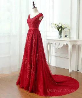 A Line Cap Sleeves Burgundy Lace Long Prom Dress with Appliques Burgundy Formal Dress Burgundy Evening Dress