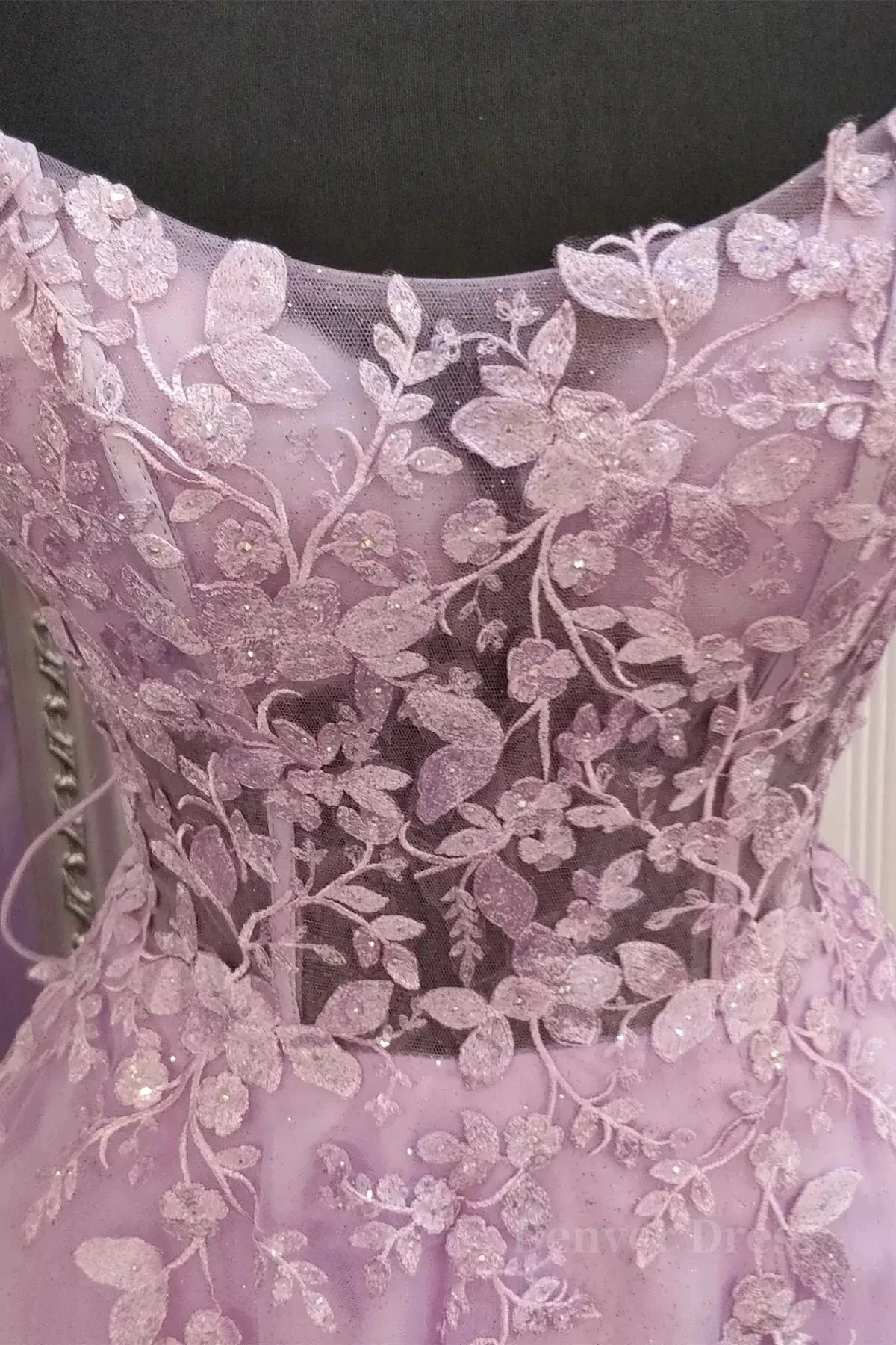 A Line Lavender Lace Long Prom Dress Lilac Lace Formal Dress Lavender Evening Dress