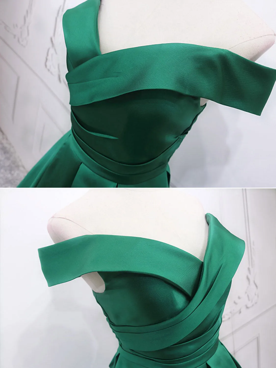 A-Line Off Shoulder Green Satin Long Prom Dresses, Green Evening Dresses