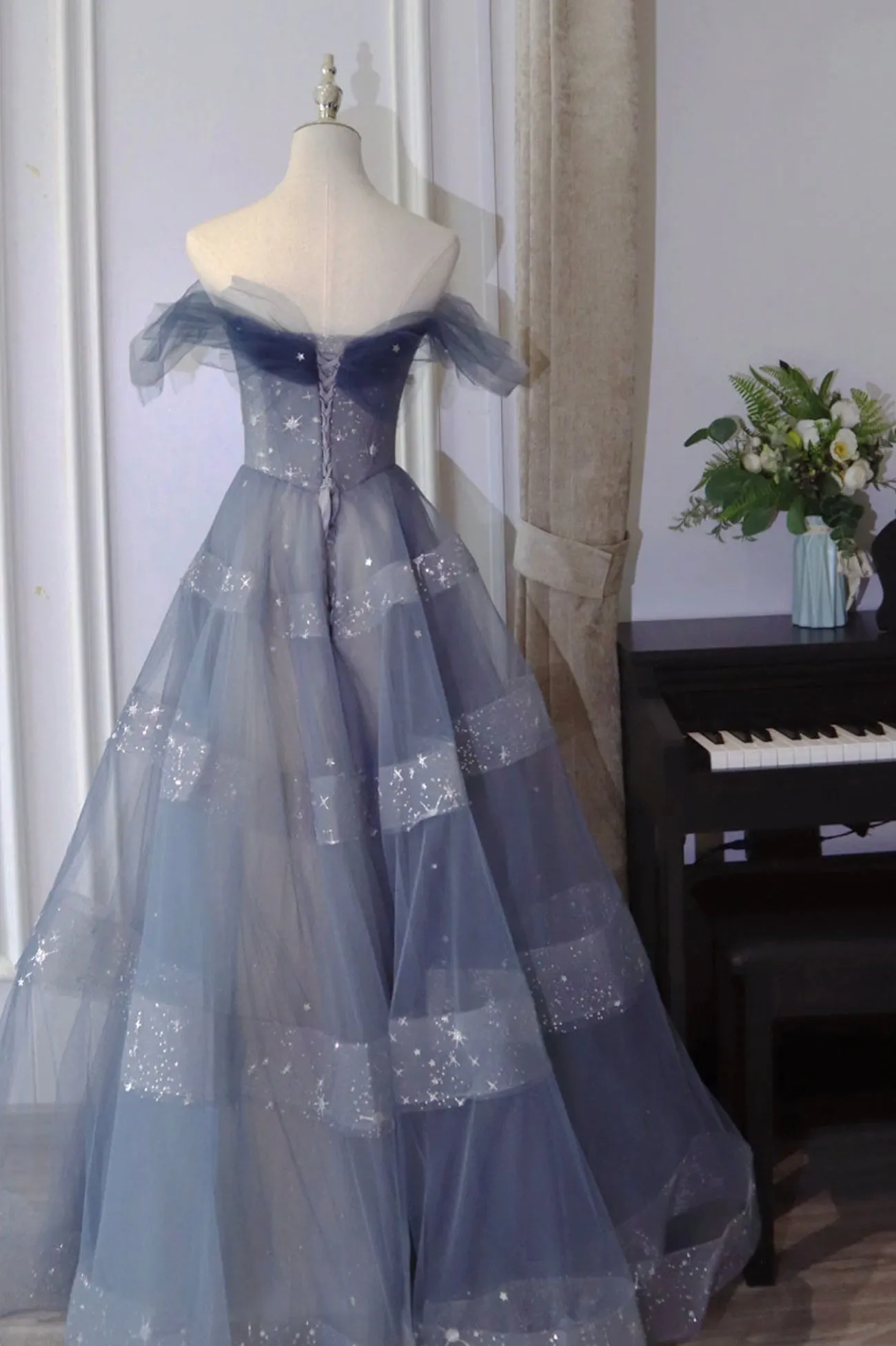 A-Line Off Shoulder Layers Tulle Long Evening Dress Blue Formal Dress