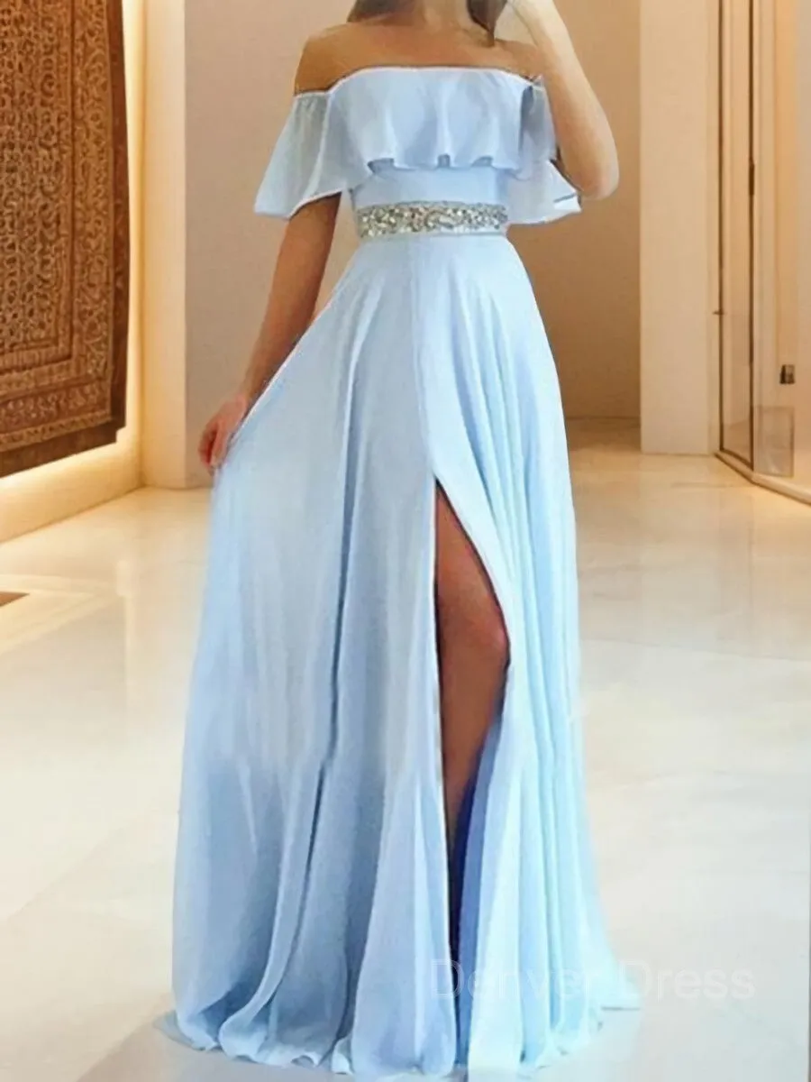 A-Line Off-the-Shoulder Floor-Length Chiffon Evening Dresses With Leg Slit