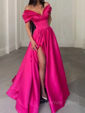 A-Line Off-the-Shoulder Sweep Train Satin Evening Dresses With Leg Slit