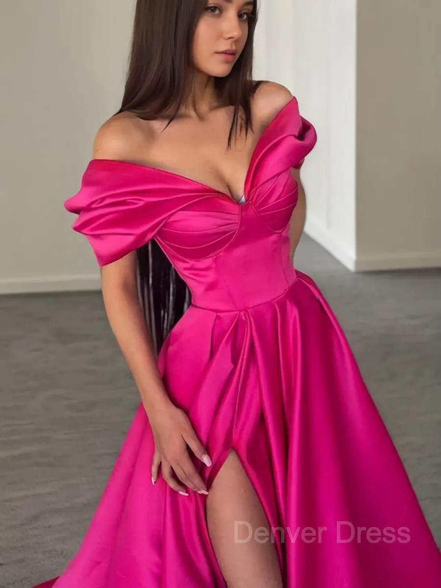 A-Line Off-the-Shoulder Sweep Train Satin Evening Dresses With Leg Slit