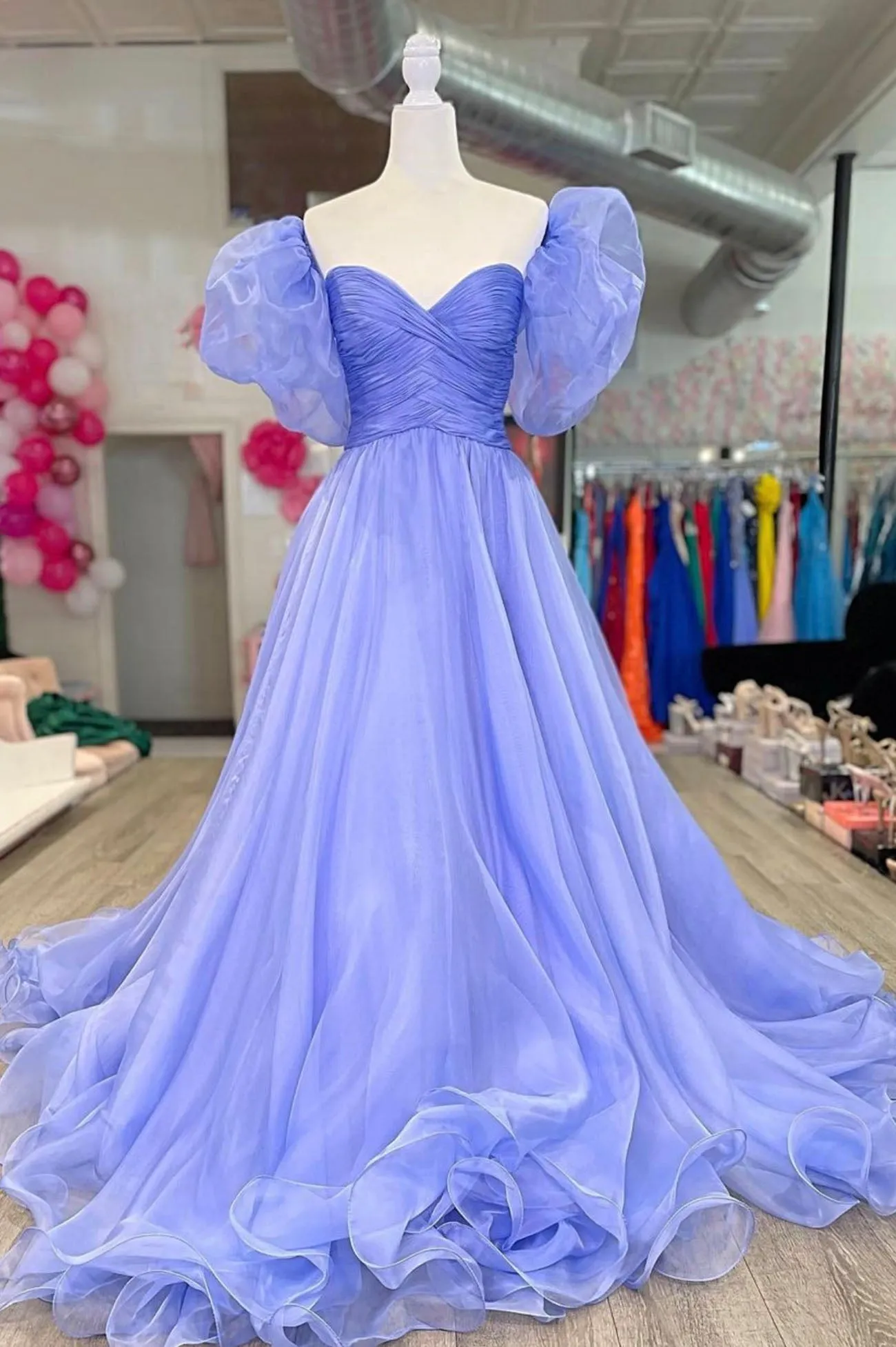 A-Line Organza Long Prom Dress Lovely Puff Sleeve Evening Dress