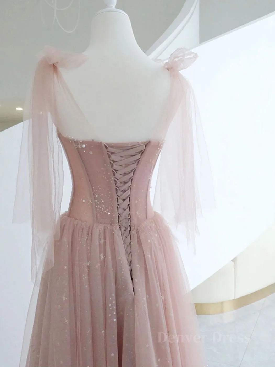 A-Line Pink Round Neck Tulle Long Prom Dresses Pink Formal Evening Dress