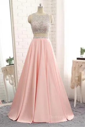 A Line Round Neck Two Pieces Beaded Pink Prom Dresses Two Pieces Pink Formal Dresses Pink Evening Dresses