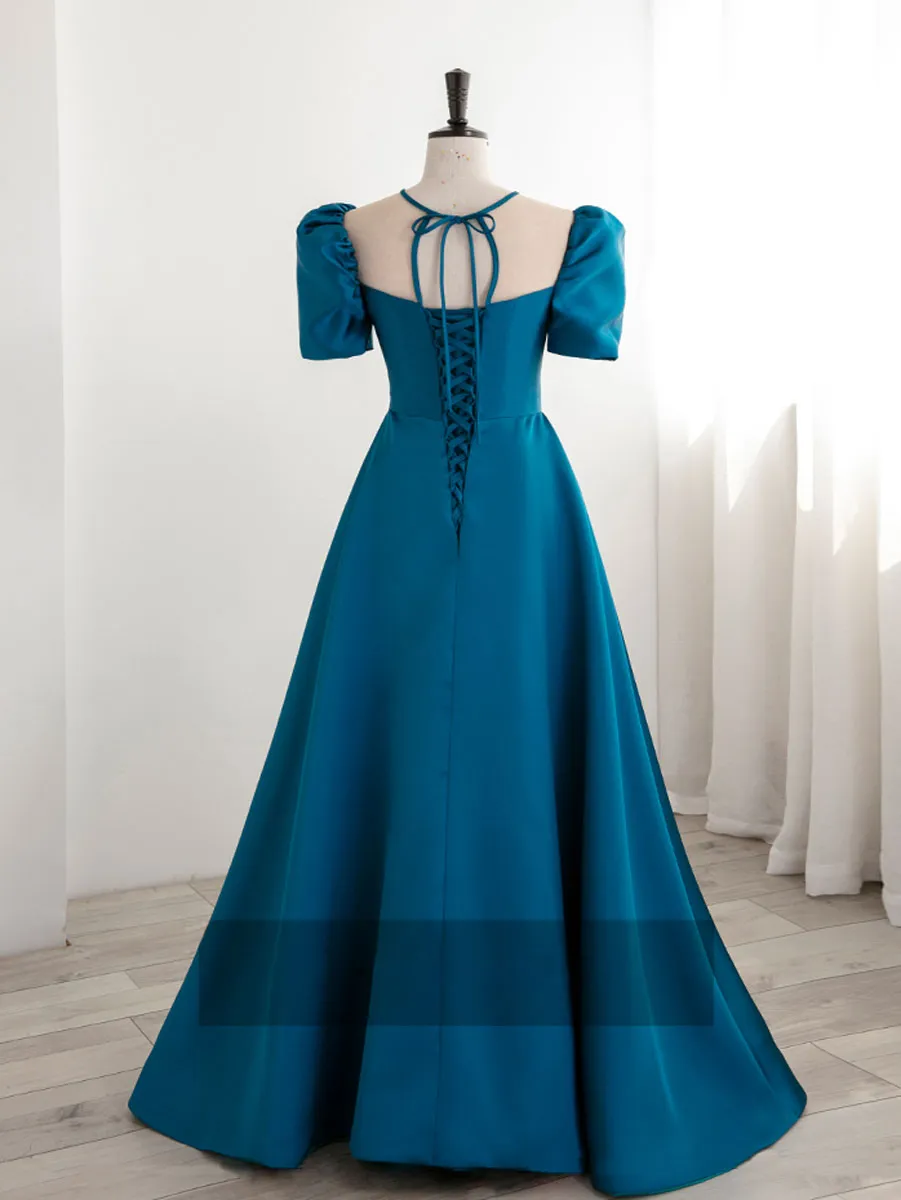 A-Line Satin Blue Long Prom Dress, Blue Long Formal Evening Dresses