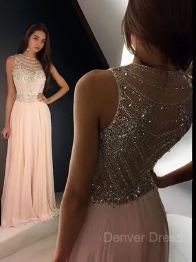 A-Line Scoop Floor-Length Chiffon Evening Dresses With Rhinestone