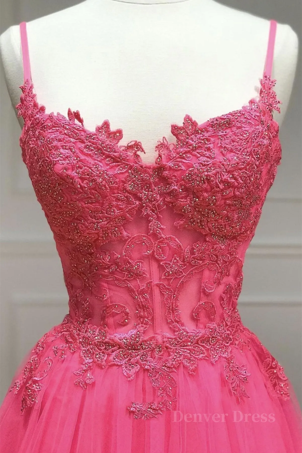 A Line Spaghetti Straps Beaded Pink Lace Long Prom Dress Pink Lace Formal Dress Pink Tulle Evening Dress