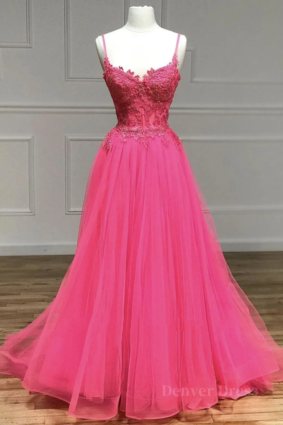 A Line Spaghetti Straps Beaded Pink Lace Long Prom Dress Pink Lace Formal Dress Pink Tulle Evening Dress