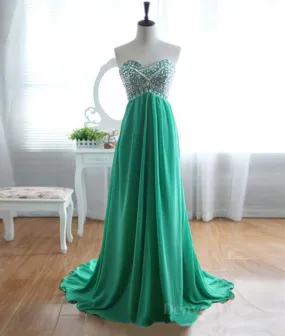 A-Line Strapless Sweetheart Neck Green Chiffon Long Prom Dresses Green Evening Dresses