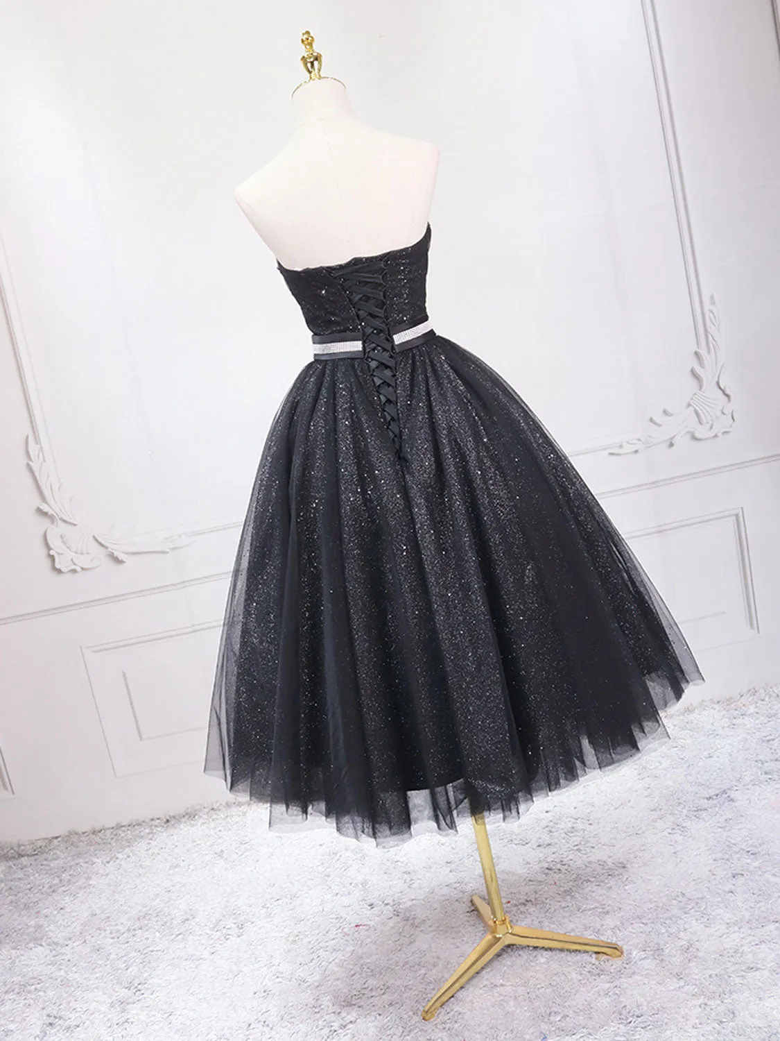 A-Line Sweetheart Neck Black Short Prom Dress, Black Formal Evening Dresses