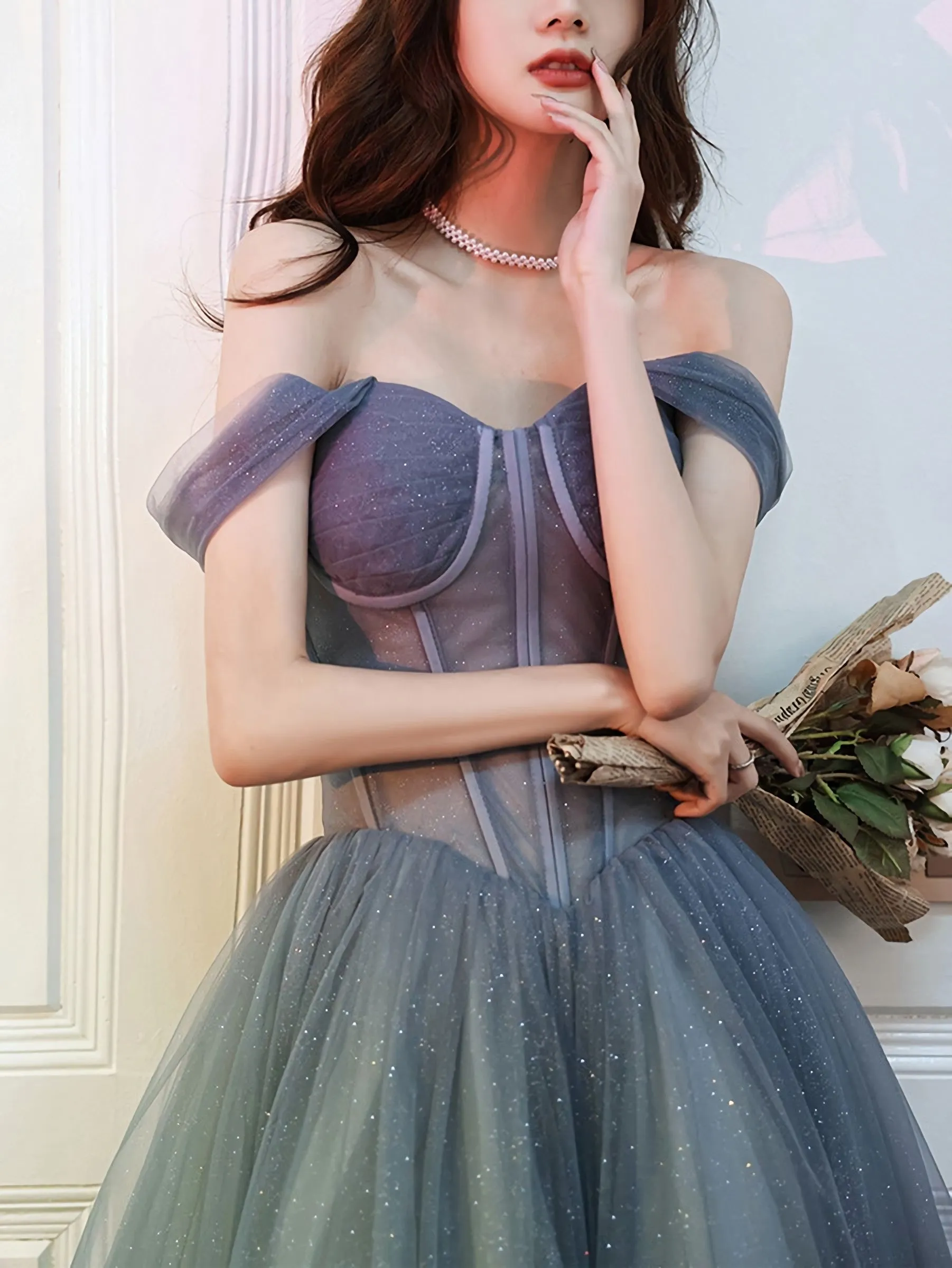 A Line Sweetheart Neck Gray Blue Tulle Long Prom Dress, Blue Evening Dress