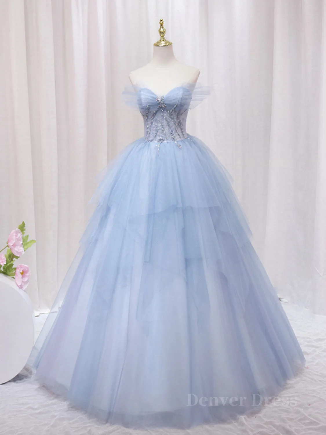 A-Line Sweetheart Neck Tulle Lace Blue Long Prom Dress Blue Formal Evening Dress