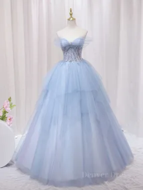 A-Line Sweetheart Neck Tulle Lace Blue Long Prom Dress Blue Formal Evening Dress